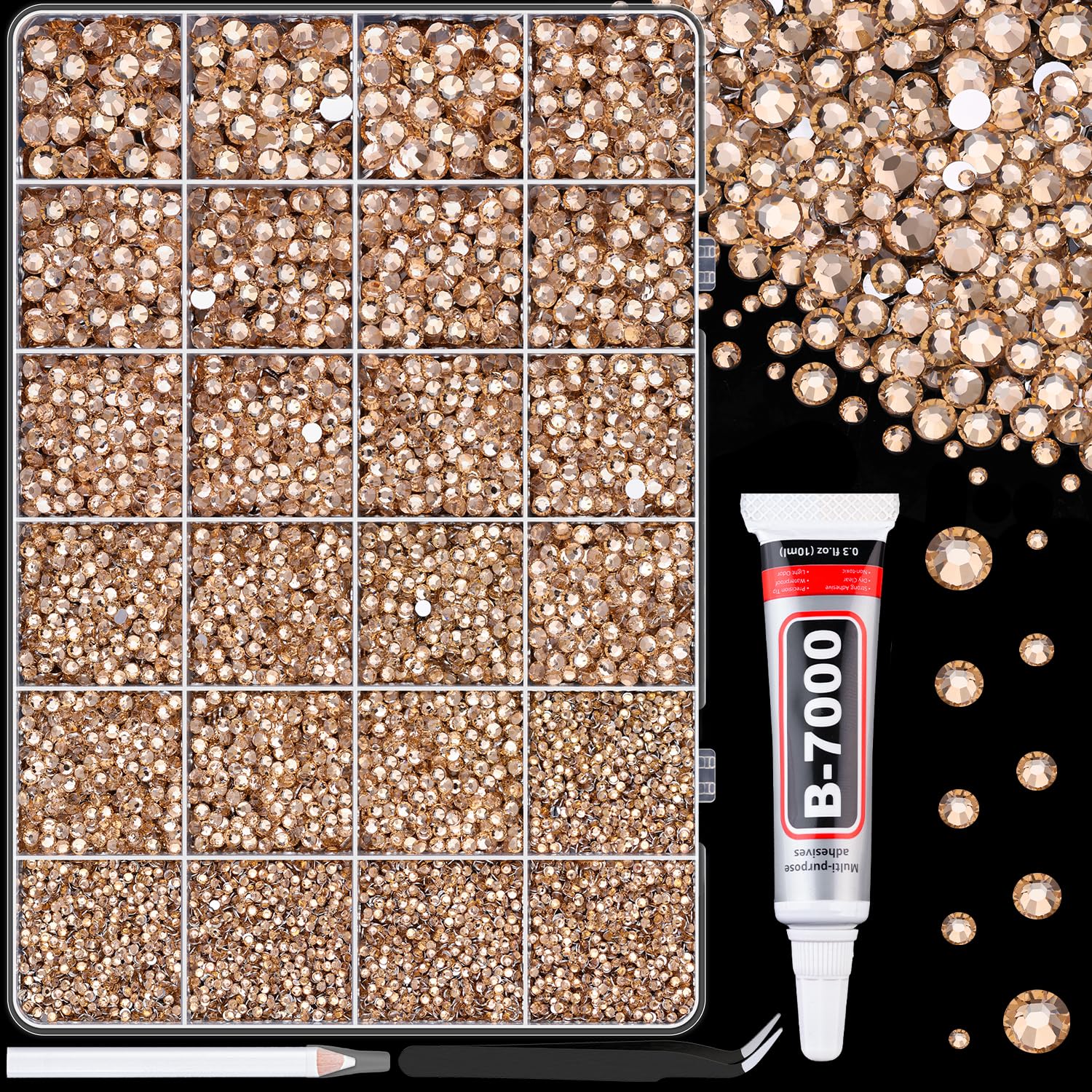 Photo 1 of 25000Pcs Resin Rhinestones for Crafting, Champagne 2-6mm Mixed Sizes Non Hotfix Flatback Gems with 1Pcs Glue, Bedazzling Crystal for DIY Craft Clothing Mugs Tumblers Shoes Fabric Decor Nail Art