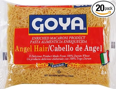 Goya Angel Hair durum Wheat semolina, niacin, iron (ferrous sulfate), thiamine mononitrate (vitamin b1), riboflavin (vitamin b2 (041331039727)