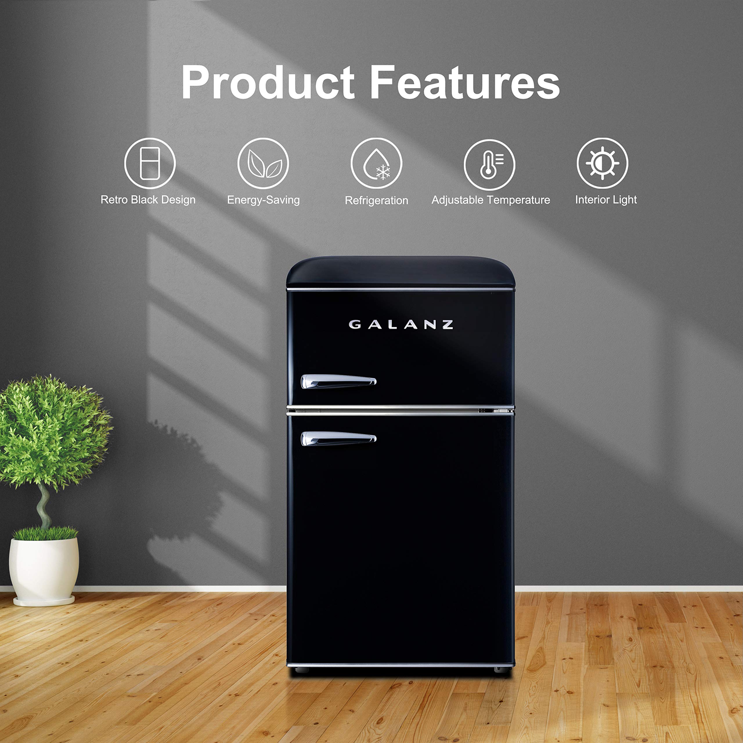 Galanz Retro Compact Mini Fridge with Freezer, 2-Door, Energy Efficient, Small Refrigerator for Dorm, Office, Bedroom, 3.1 cu ft, Black