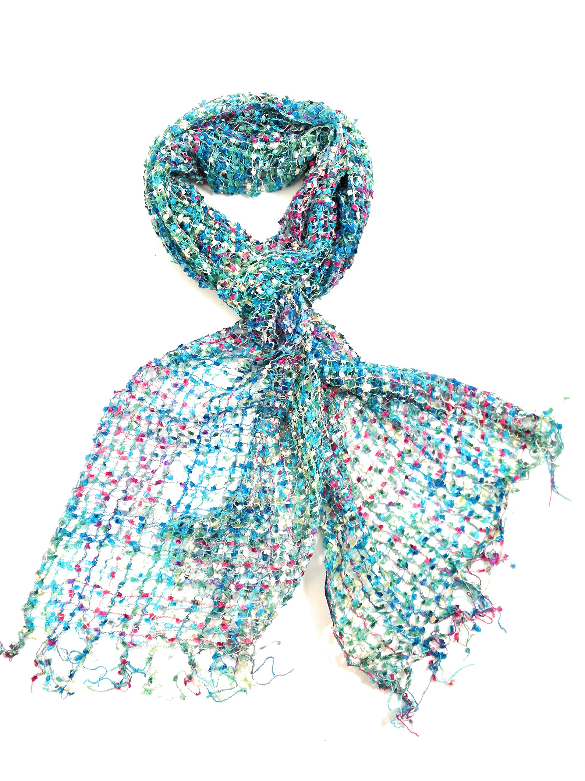 COOL TRADE WINDS - LIGHT AND DELICATE CONFETTI NET WEAVE SCARF: Hand Loomed in India, a pretty scarf that can be worn for any occasion - 193cm x 33cm in size (Sky Blue)