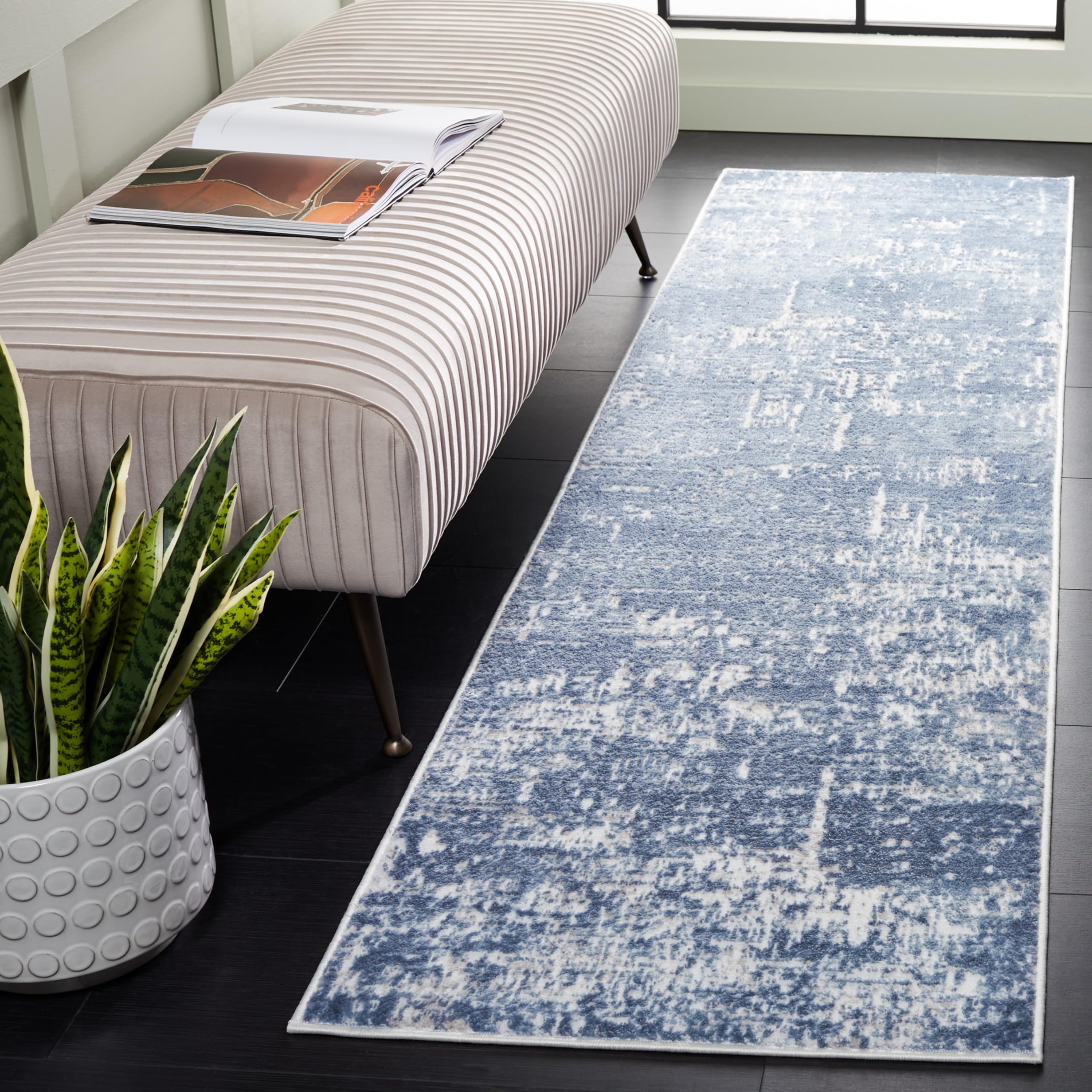SAFAVIEH Amelia Collection Runner Rug - 2'2" x 16', Ivory & Steel Blue, Non-Shedding & Easy to Clean, Ideal for Bedroom, Hallway, Foyer, Kitchen, Entryway (ALA700D) Image