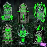JOYIN 15.7” Halloween Tombstones Outdoor Decor Glow in The Dark, 7 Pcs Fluorescent Tombstones with Black Light Spotlight Gravestones, Spooky Halloweens Decorations for Cemetery Outside Graveyard Yard