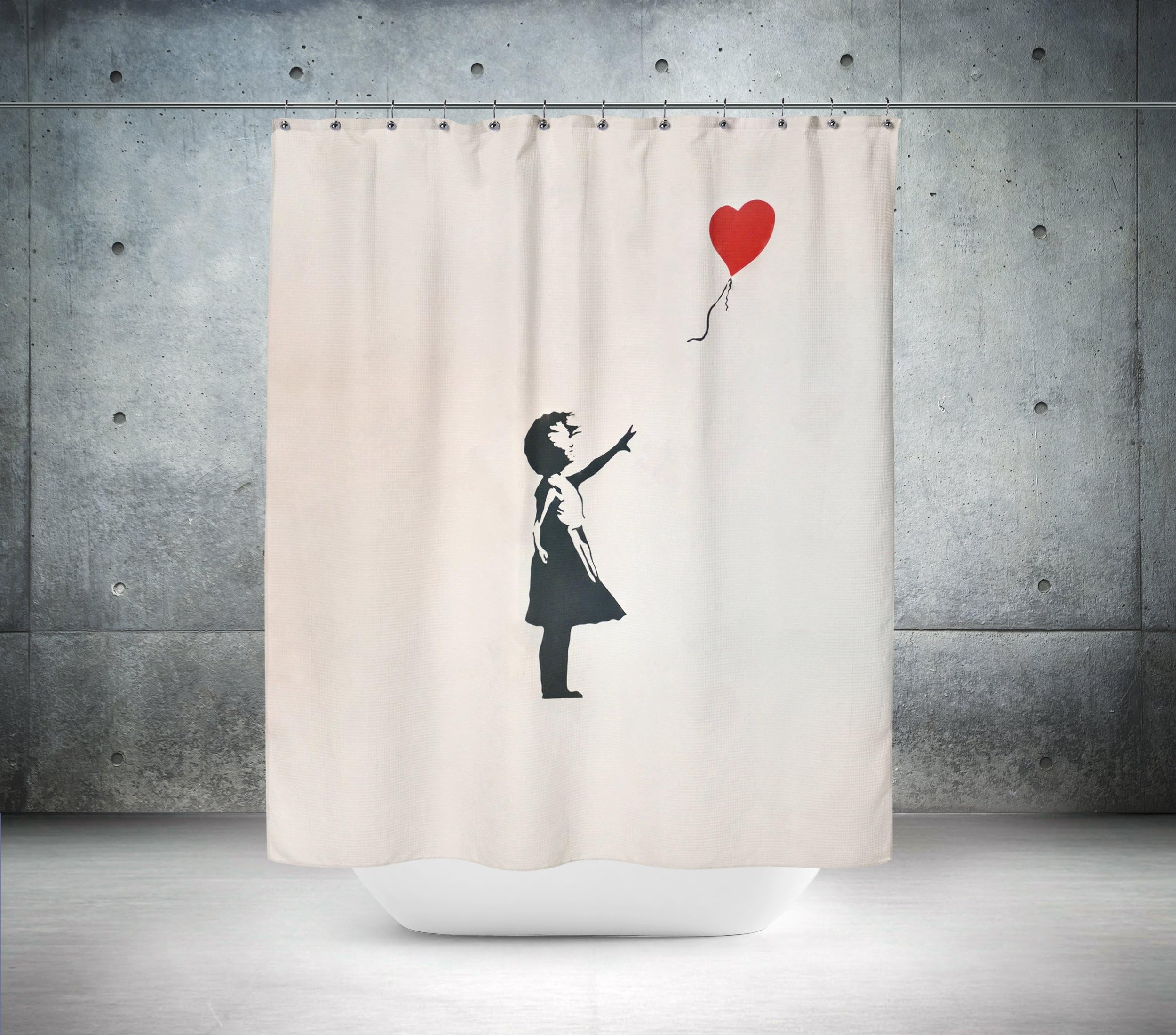 Banksy Balloon Girl Custom Designed & Printed Shower Curtain, Bath Curtain, 100% polyester, waterproof, shower curtain anti mould and machine washable, shower curtain designer, shower curtain extra long, shower curtain extra wide