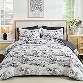 WONGS BEDDING Queen Comforter Set 7 Pieces, Black and White Botanical Bed in a Bag, Farmhouse French Toile Floral Bed Set