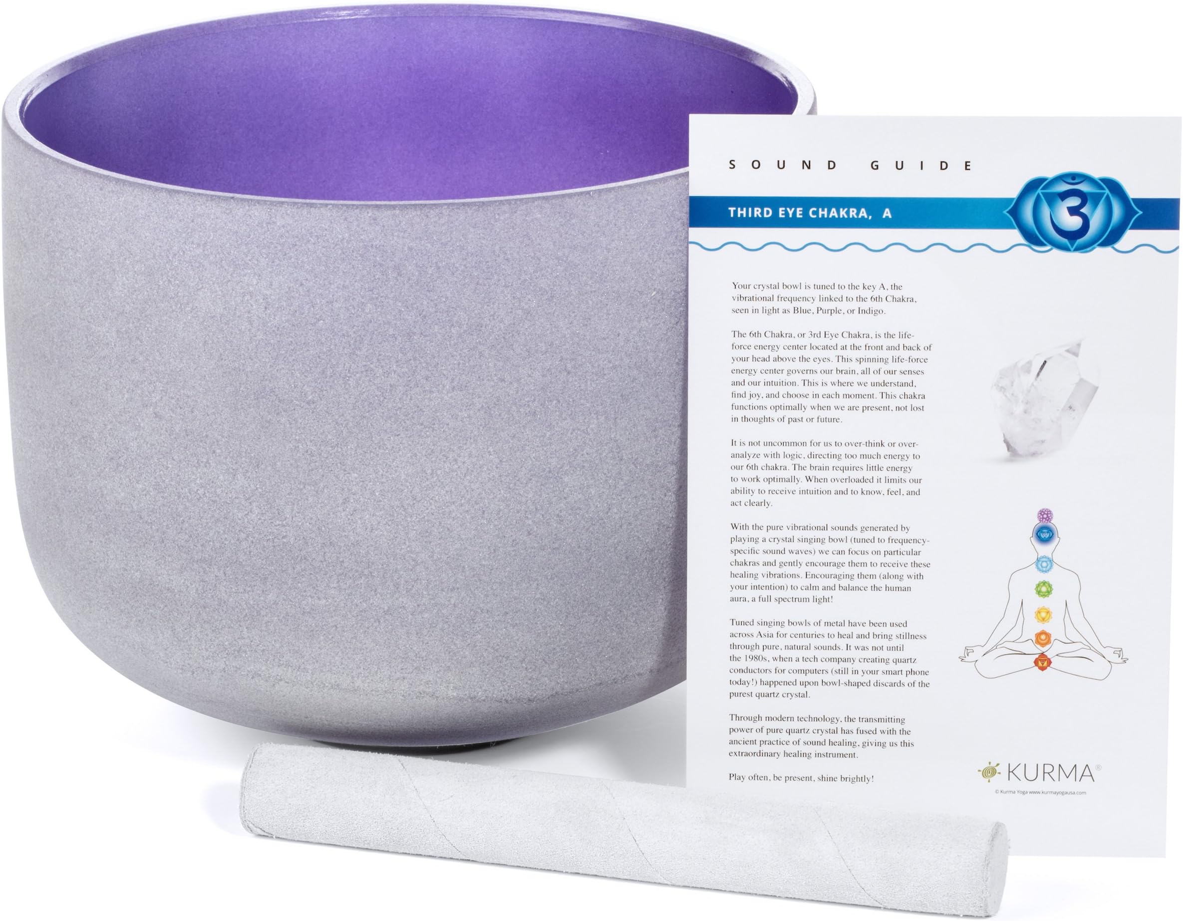 Crystal Singing Bowl Third Eye Chakra Violet Purple A Note, Mallet and Guide Included (10 Inch)