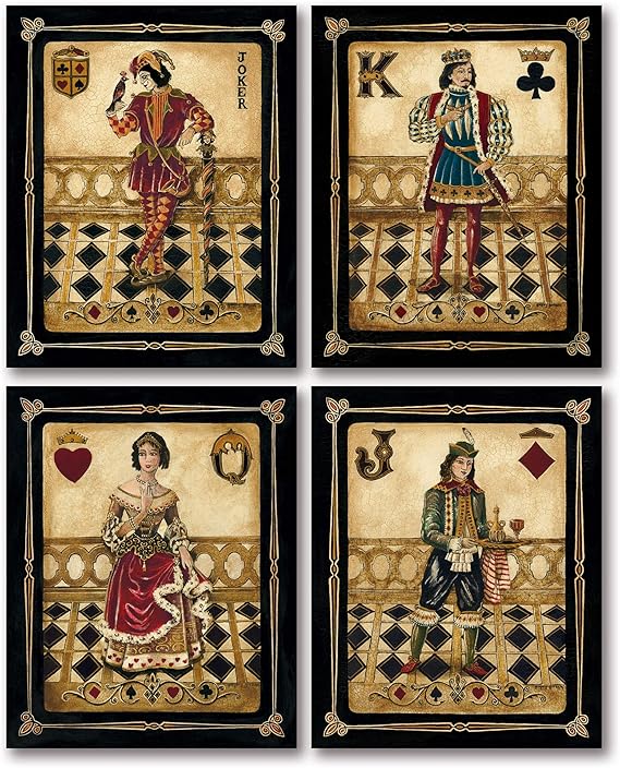 Amazon Com 4 Harlequin Playing Card Poker Joker Jack Queen King 8 X 10 Set Of 4 Mounted Prints Ready To Hang On Your Wall Black Gold Red Posters Prints