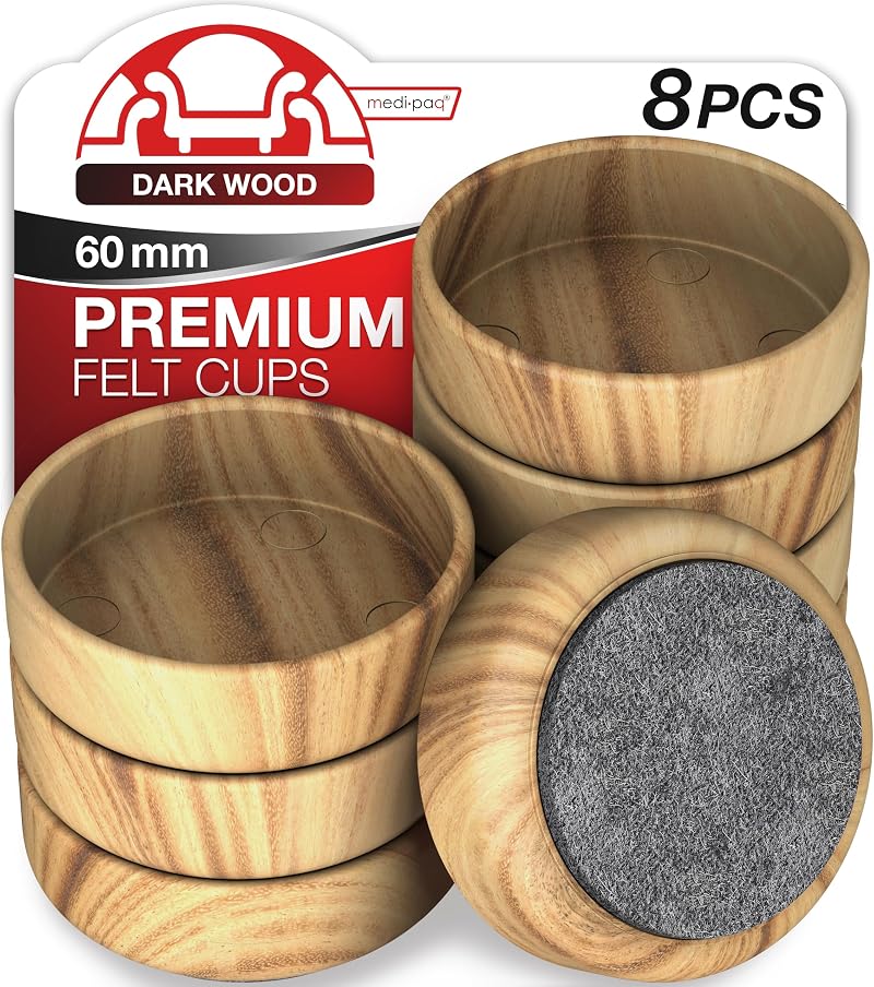 Medipaq Felt Castor Cups 8 Large 60mm Dark Wood Grain Chair Leg Protectors
