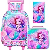 KLFVB Girls Rolling Bookbag, 3PCS Kids Roller Backpack with Lunch Bag, Wheeled School Bag for Children - Mermaid