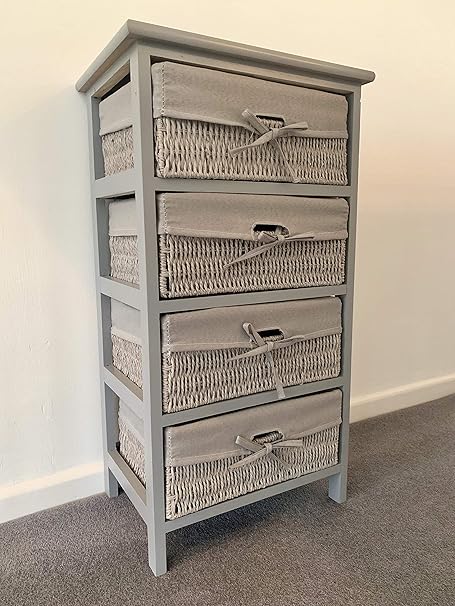 Beautiful Grey White Tall Bathroom Wooden Drawers Cabinet Baskets