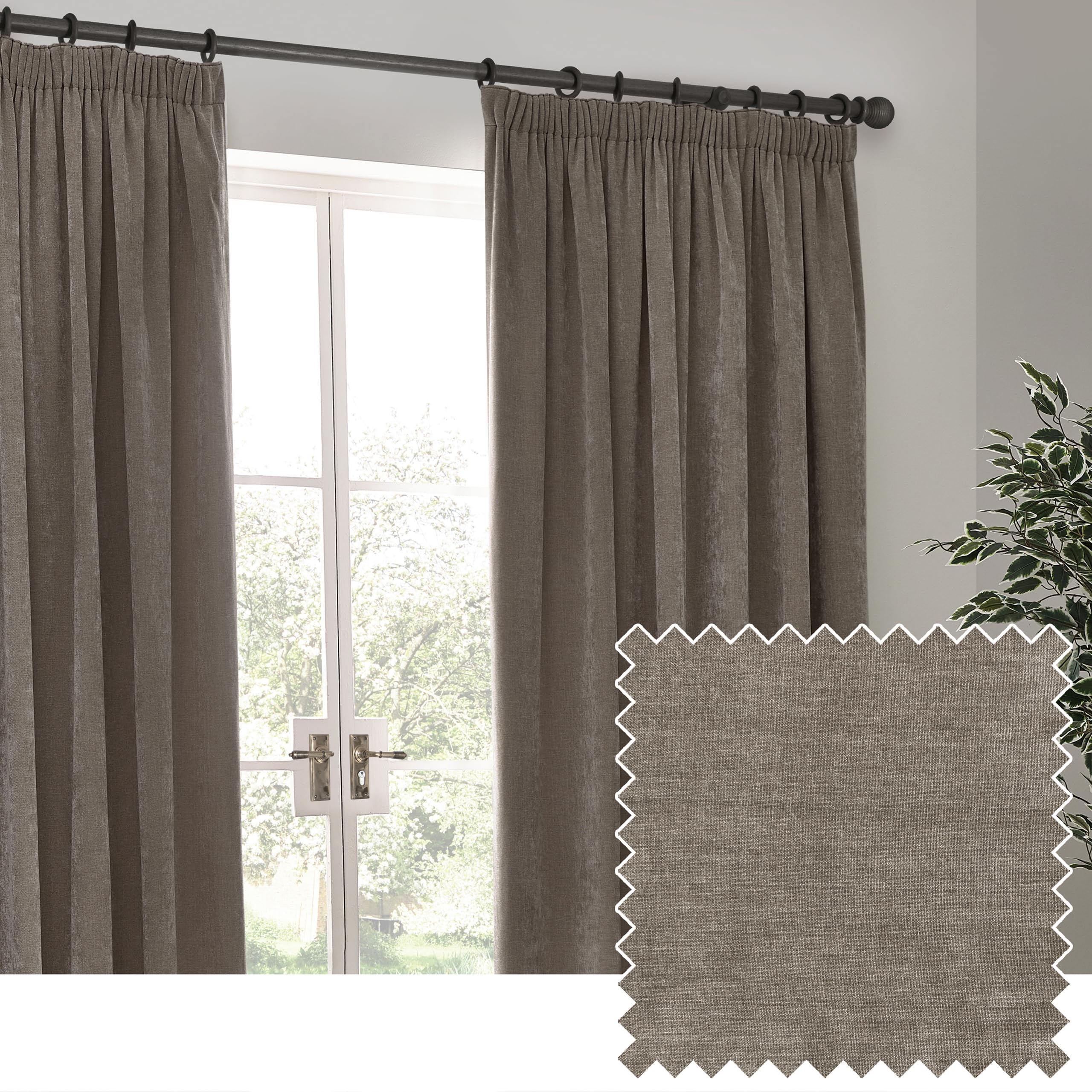 Yard furn Heavy Chenille Pencil Pleat Curtain Pair – Lined Room Darkening Soft Velvet Curtains (Greige - Width 117 x Drop 137cm)