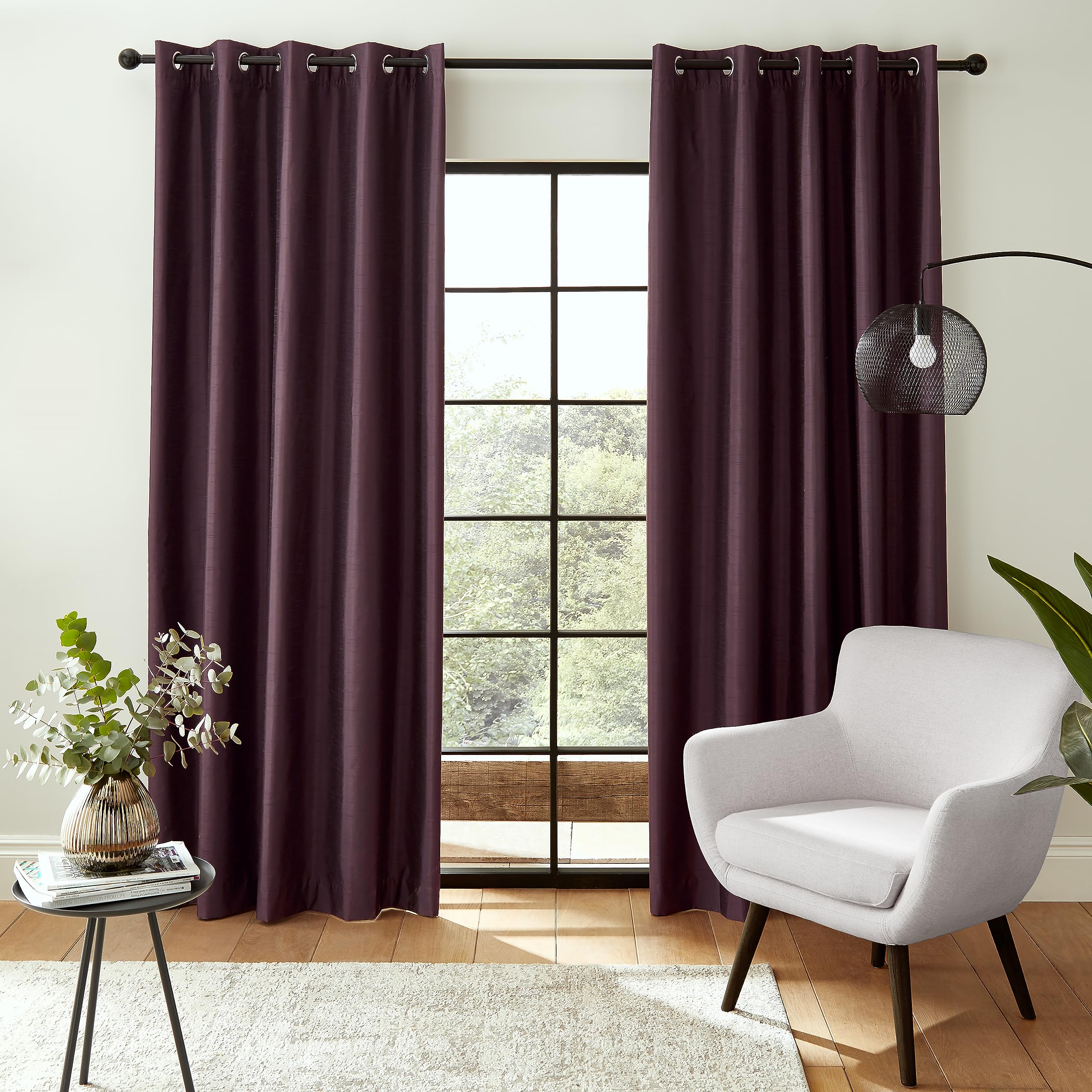 Catherine Lansfield Downstairs Faux Silk 66x90 Inch Blackout Thermal Insulating Eyelet Curtains Two Panels Aubergine