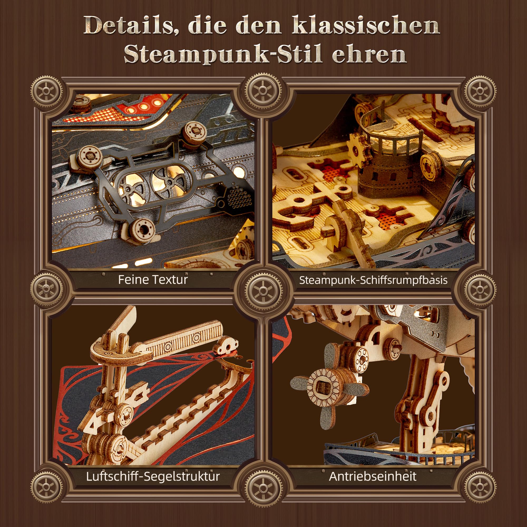 FUNPOLA LED 3D Holzpuzzle fur Erwachsene Luftschiffmodell - Steampunk DIY Bastelset mit LED-Leuchten - Holz Luftschiffmodell-Bausatz für und Erwachsene (Grau) 3