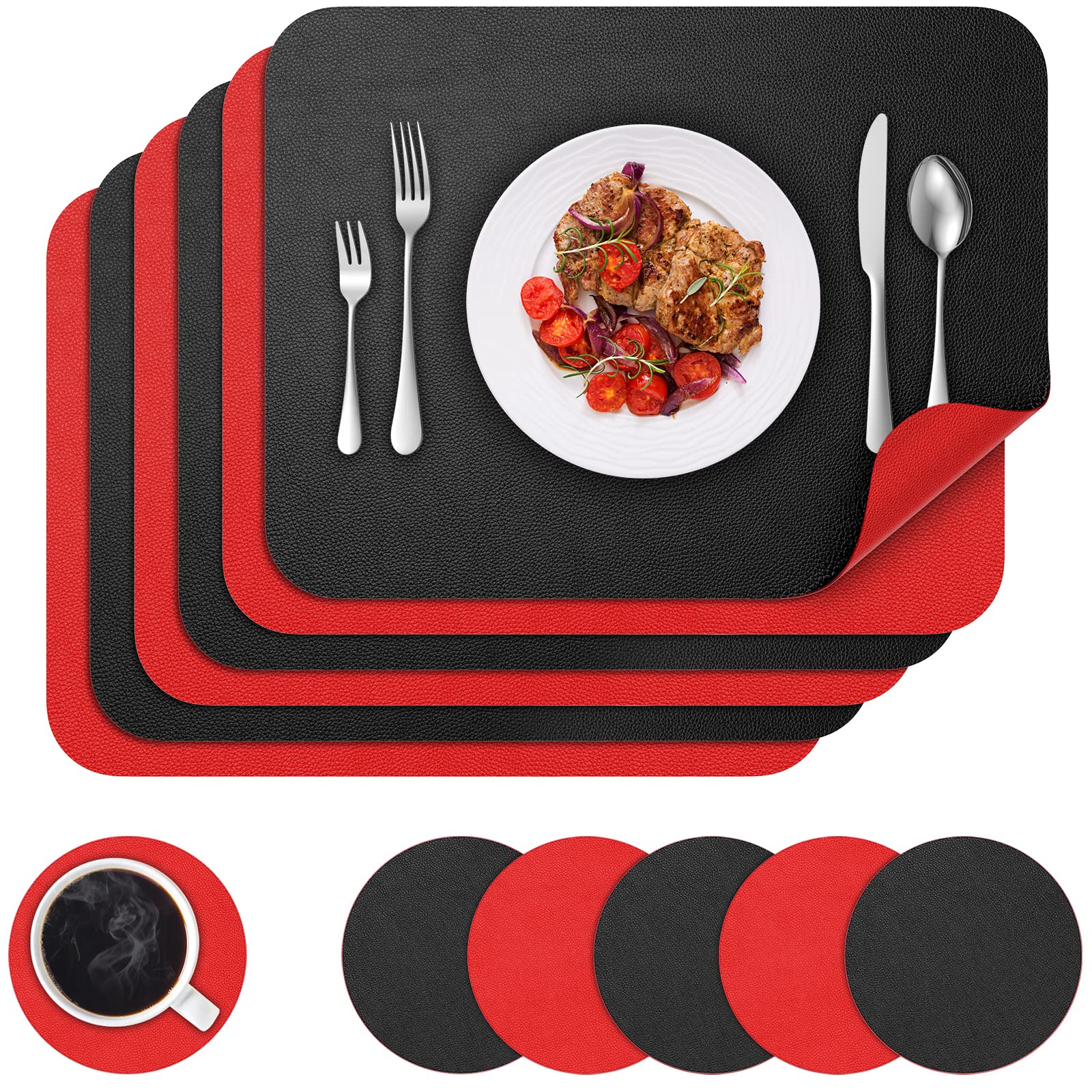 BANNIO Placemats And Coaster Sets 6, Non-Slip Washable Waterproof Table Mats Heat Insulation PVC Leather Place Mats Home Kitchen Restaurant And Hotel, 42x30cm, Black and Red