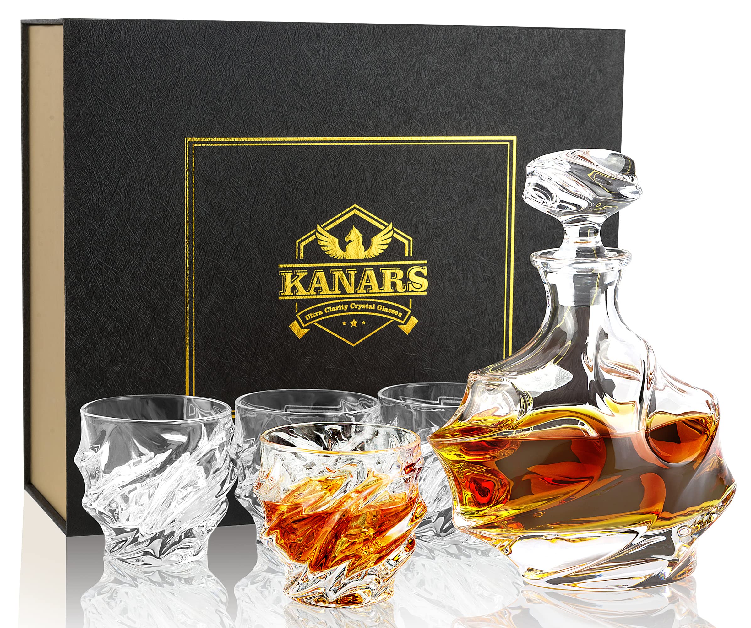 KANARS Whisky Glasses and Decanter Set, 750 ml No-Lead Crystal Whiskey Decanter with 4× 260 ml Whiskey Glass, Birthday Gift Ideas for Dad Grandpa Boyfriend Husband, Stylish Gift Box, 5-Piece