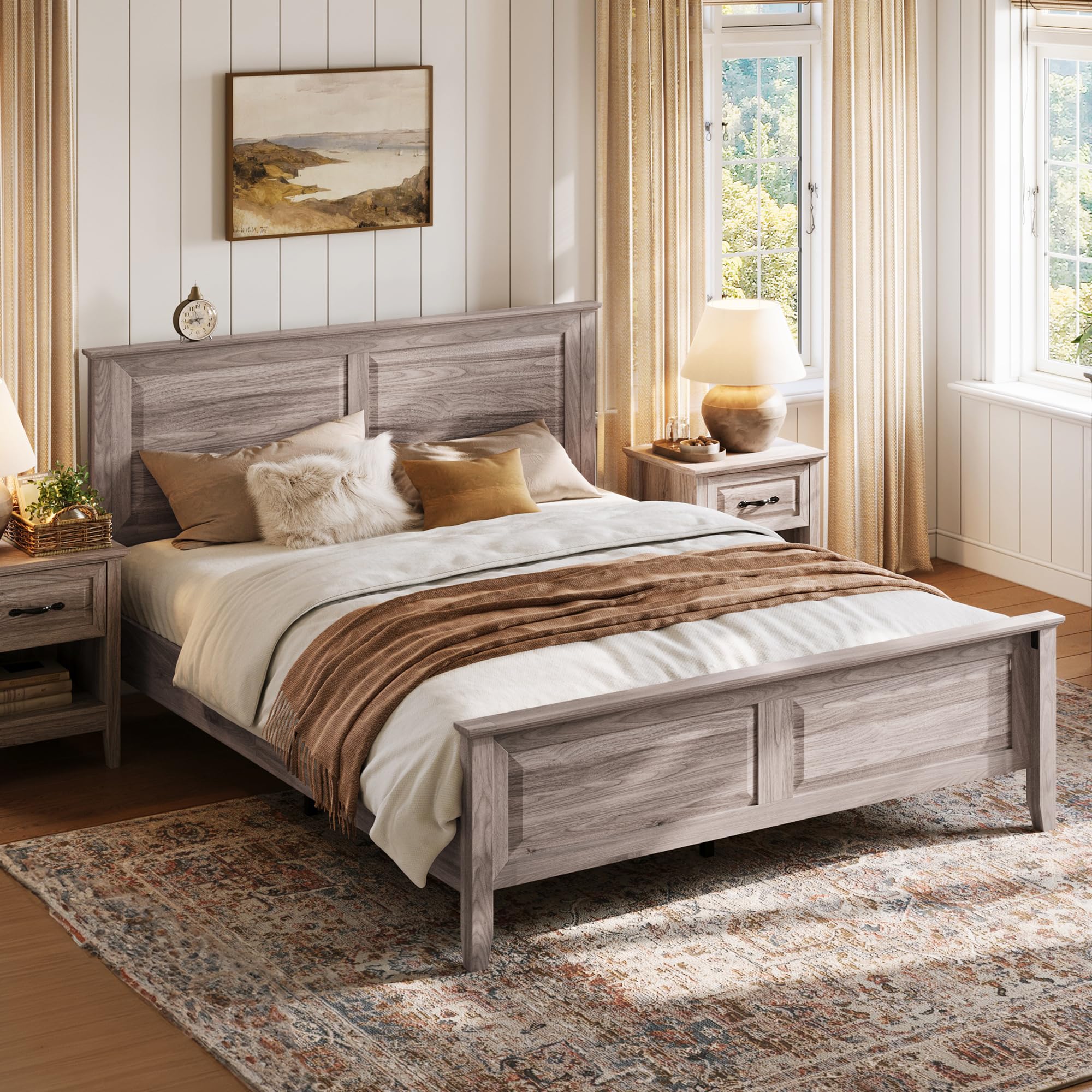 Photo 1 of ***ONE OF THE WOODEN PLANKS IS CRACKED*** LINSY Wood Queen Bed Frame with Headboard, Farmhouse Bed Frame Queen Size with High Footboard, Wood Bed Fast Assembly, Noise-Free, No Box Spring Needed - Grey