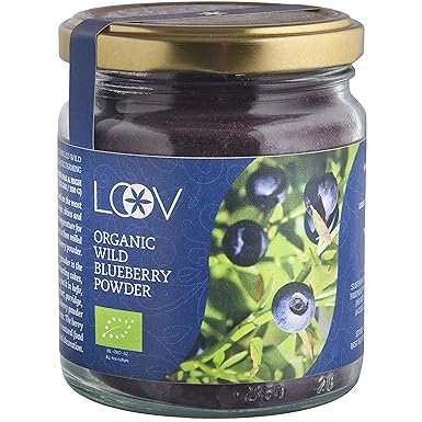 Bio Wilde Blaubeeren-Pulver (Heidelbeere) von LOOV: 100 g, sehr reich an Antioxidantien (3,5g/100g), nur aus Beerenschalen un