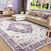 Amearea Vintage Design Area Rugs for Living Room, 5x8 Machine Washable Floral Collection Traditional Bedroom Rug, Low Pile Cute Kids Room Print Carpet, No Slip Office Kitchen Home Decor, Purple