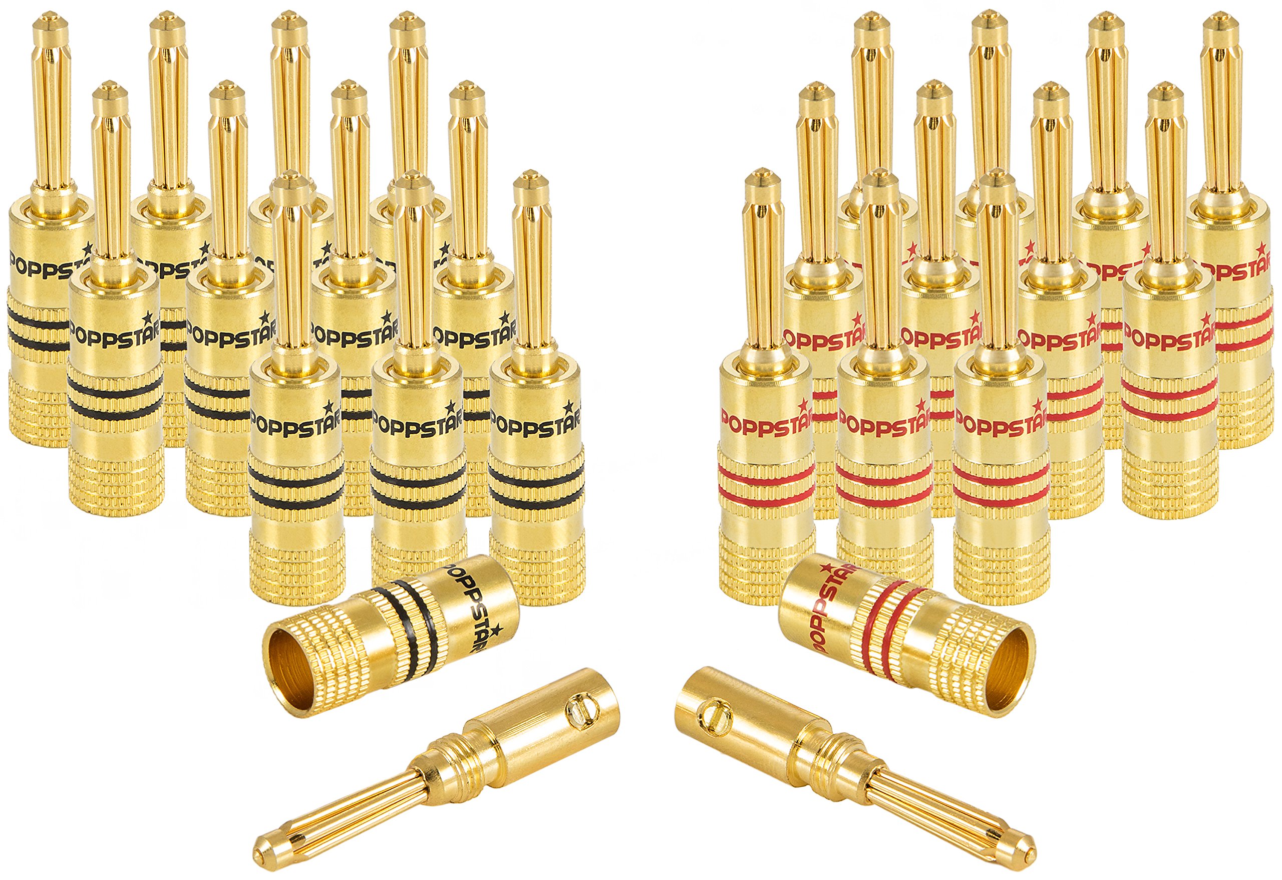 Poppstar 24x High End Banana Plugs (up to 4 mm², 24k gold-plated, 12x black, 12x red)