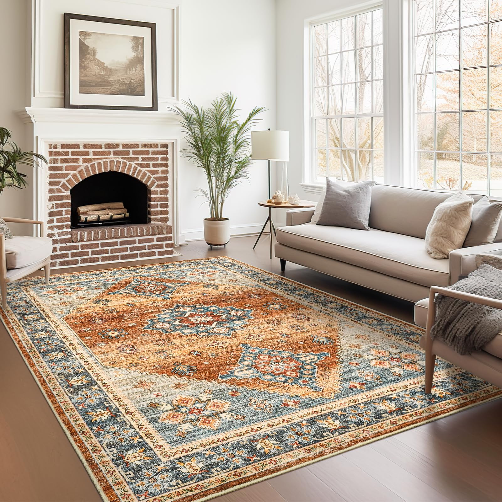 Roxstand 6x9 Area Rugs for Nursery Room, Easy-to-Care Washable Rug with Non-Slip Backing, Ultra-Thin Soft Rugs for Bedroom, Living Room, Floral Vintage Area Rug (Navy/Orange, 6'x9') Image