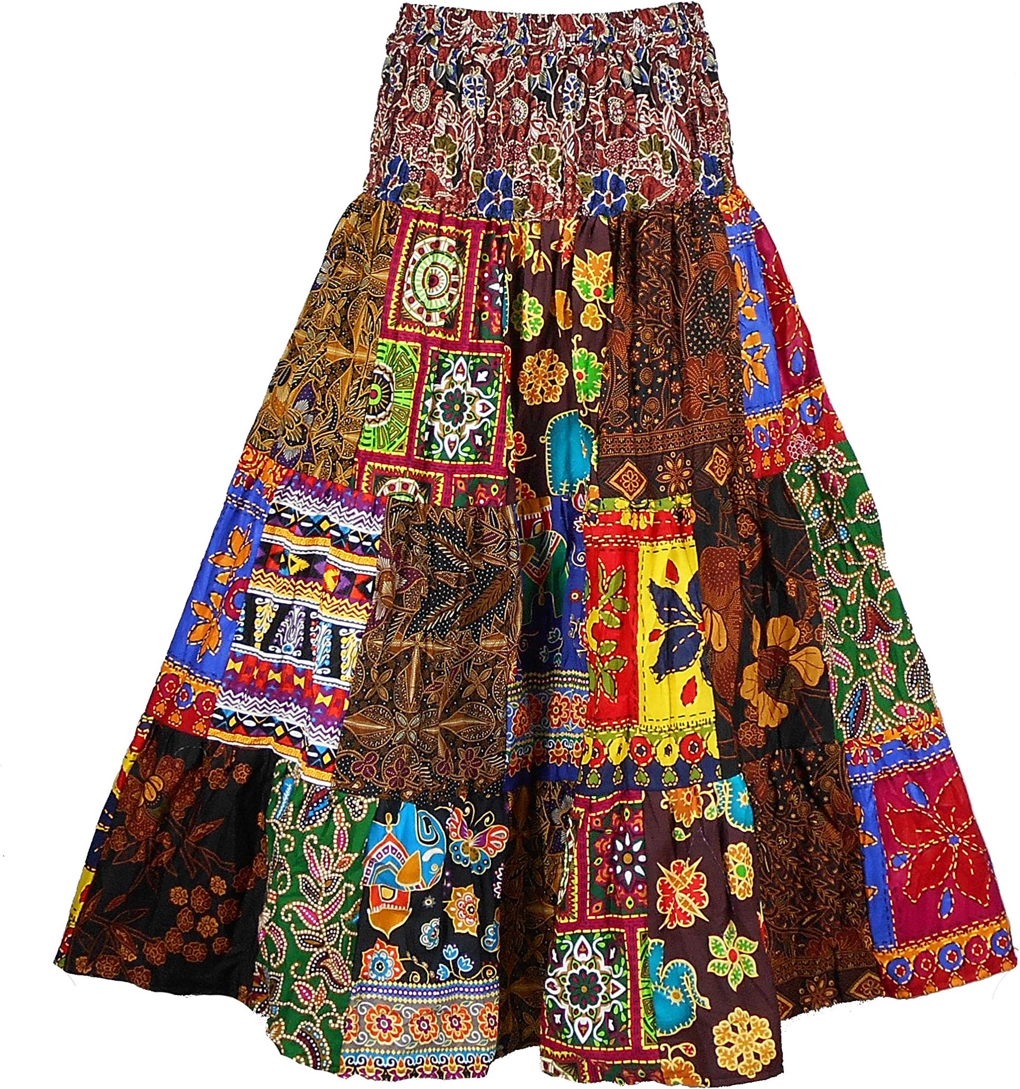 BONYA Women's Hippie Boho Colorful Patchwork Smocked Stretch Waist Tiered Long Skirt (Color31)