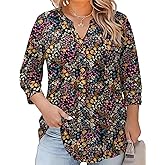 TFSDOD Womens Plus Size Tops 3/4 Length Sleeve Womens Tops V Neck Blouses Pleated Tunic Plus Size Fashion (1X-5X)