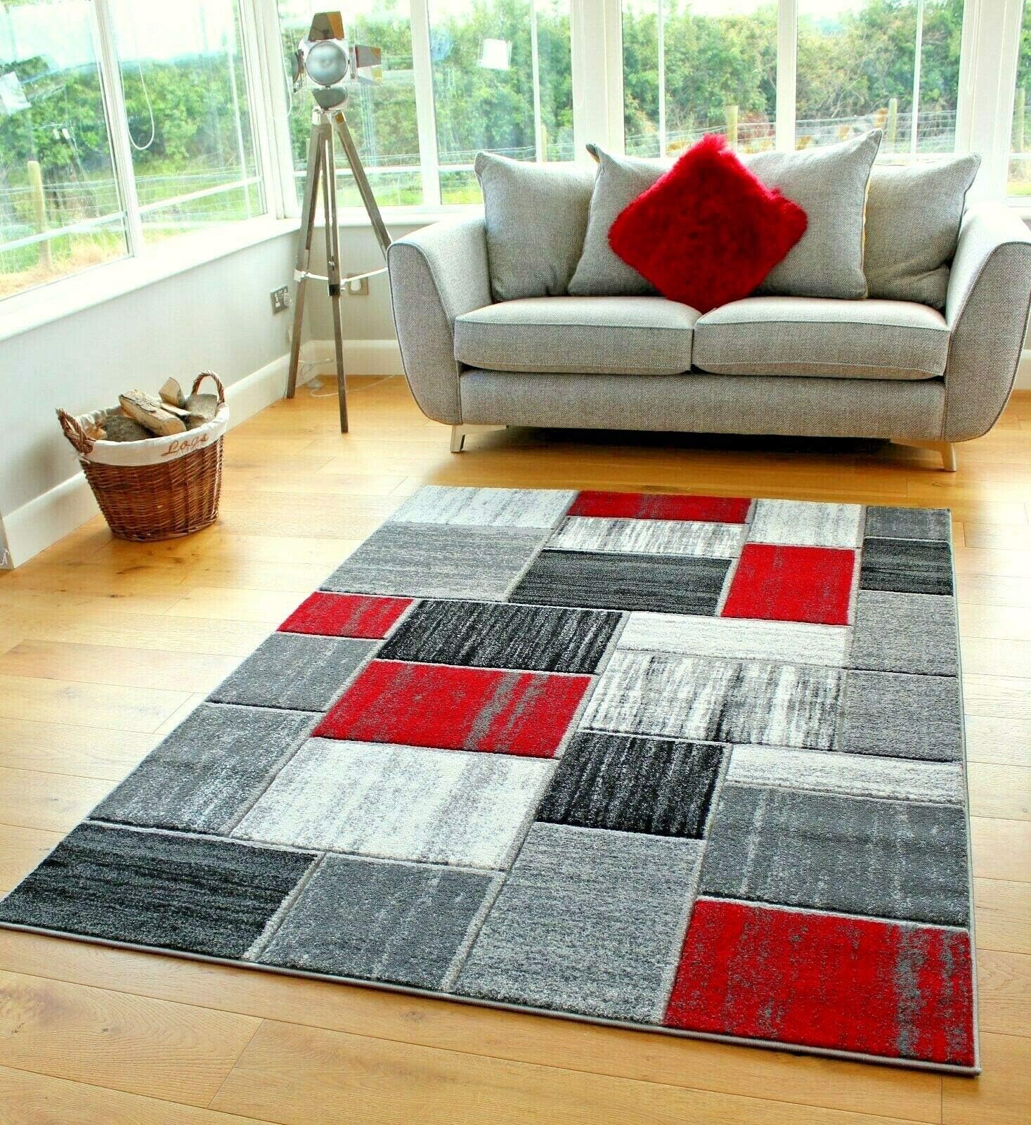 New Modern Blocks Squares Design Thick Soft Red Silver Grey White Black Runners Rugs Mats (60x120cm)