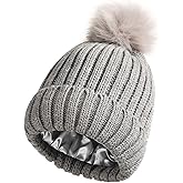 Women Satin Lined Winter Beanie Cable Knit Beanie for Womens Silk Lining Thick Chunky Hats Skull Warm Cap