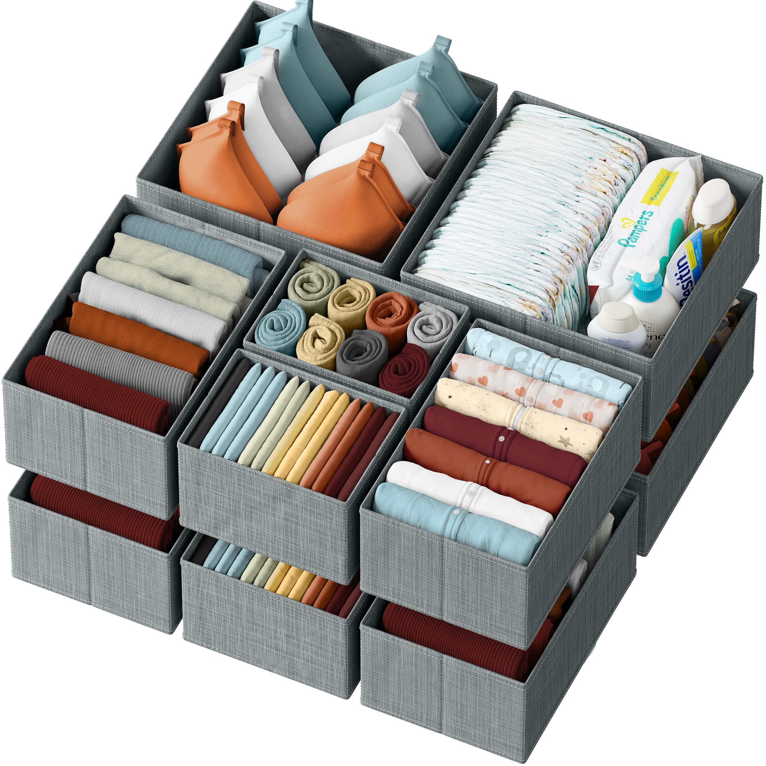 NEATERIZE Drawer Organizer - [Set of 12] - Closet Organizer and Storage Baskets| Foldable Cloth Drawers Divider | Fabric Bin for Dresser & Shelves |Organize Underwear, Socks, Bra, Ties (Grey)