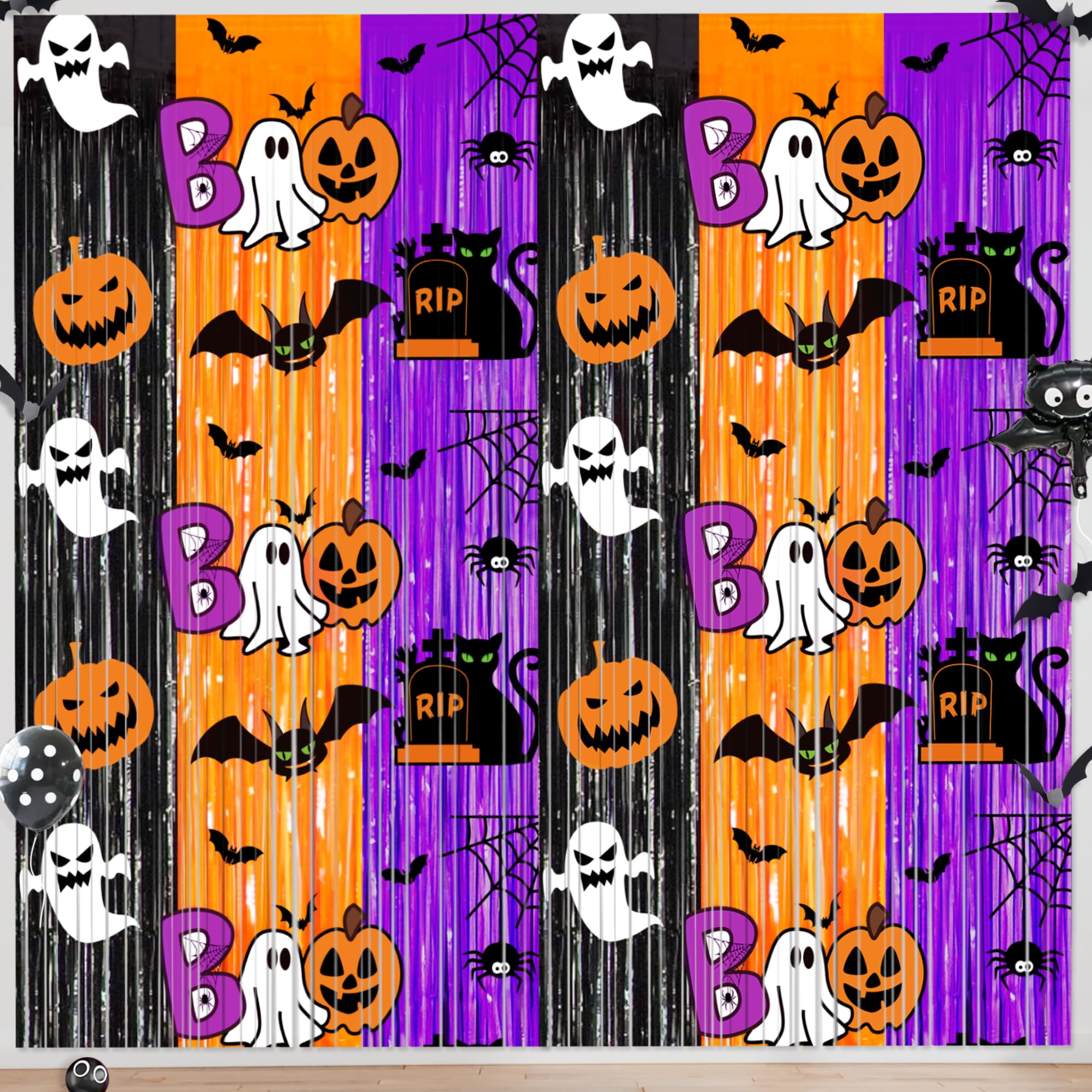 Photo 1 of Halloween Party Decorations Halloween Photo Backdrop Streamers, 2 Pack 3.3 x 6.6 FT Black Orange Purple Foil Fringe Curtain Halloween Party Decor for Wall Door Window Class Halloween Party Supplies