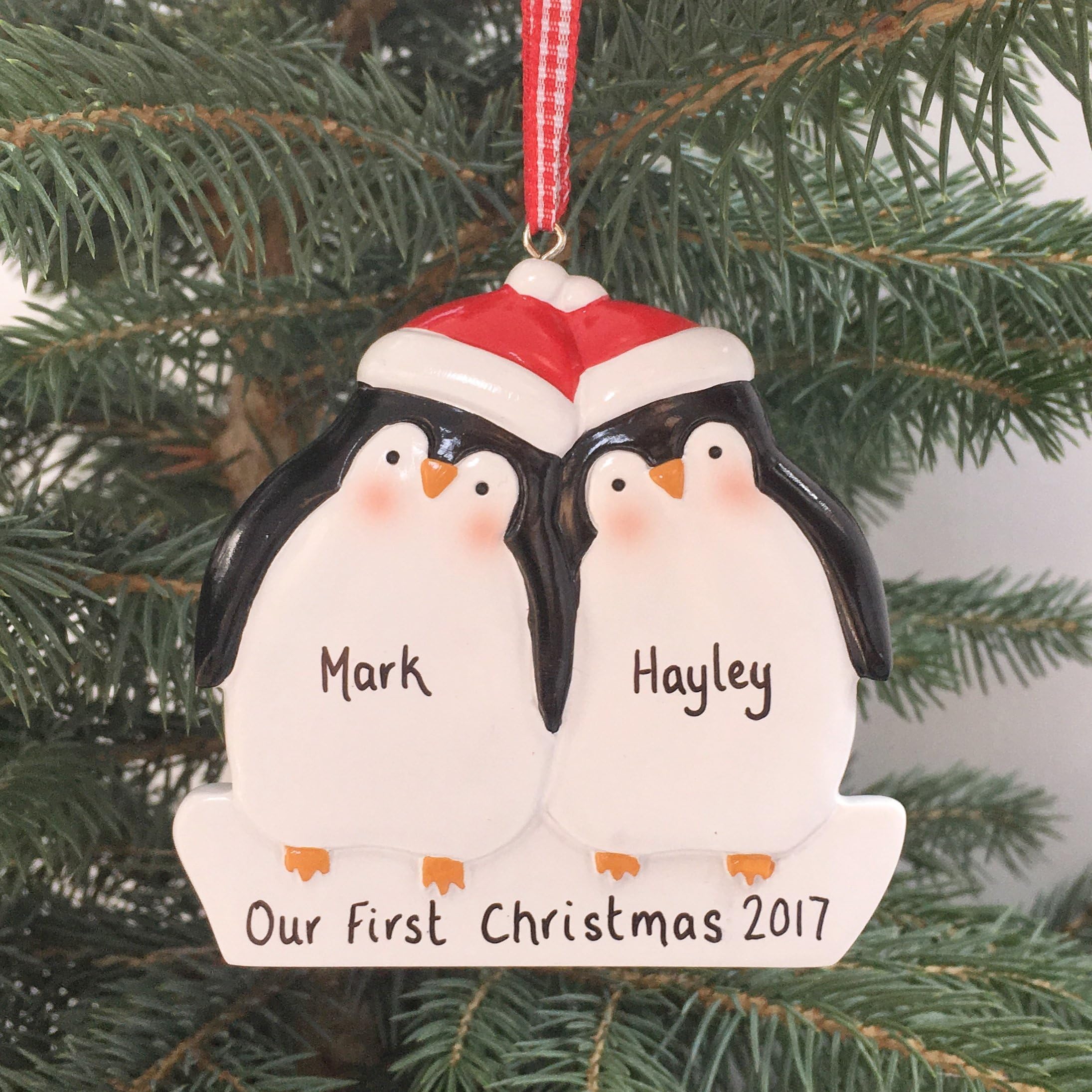 Frankly Decor Personalised Penguin Christmas Decoration For a Couple - First Christmas - Any name - Keepsake Ornament Bauble