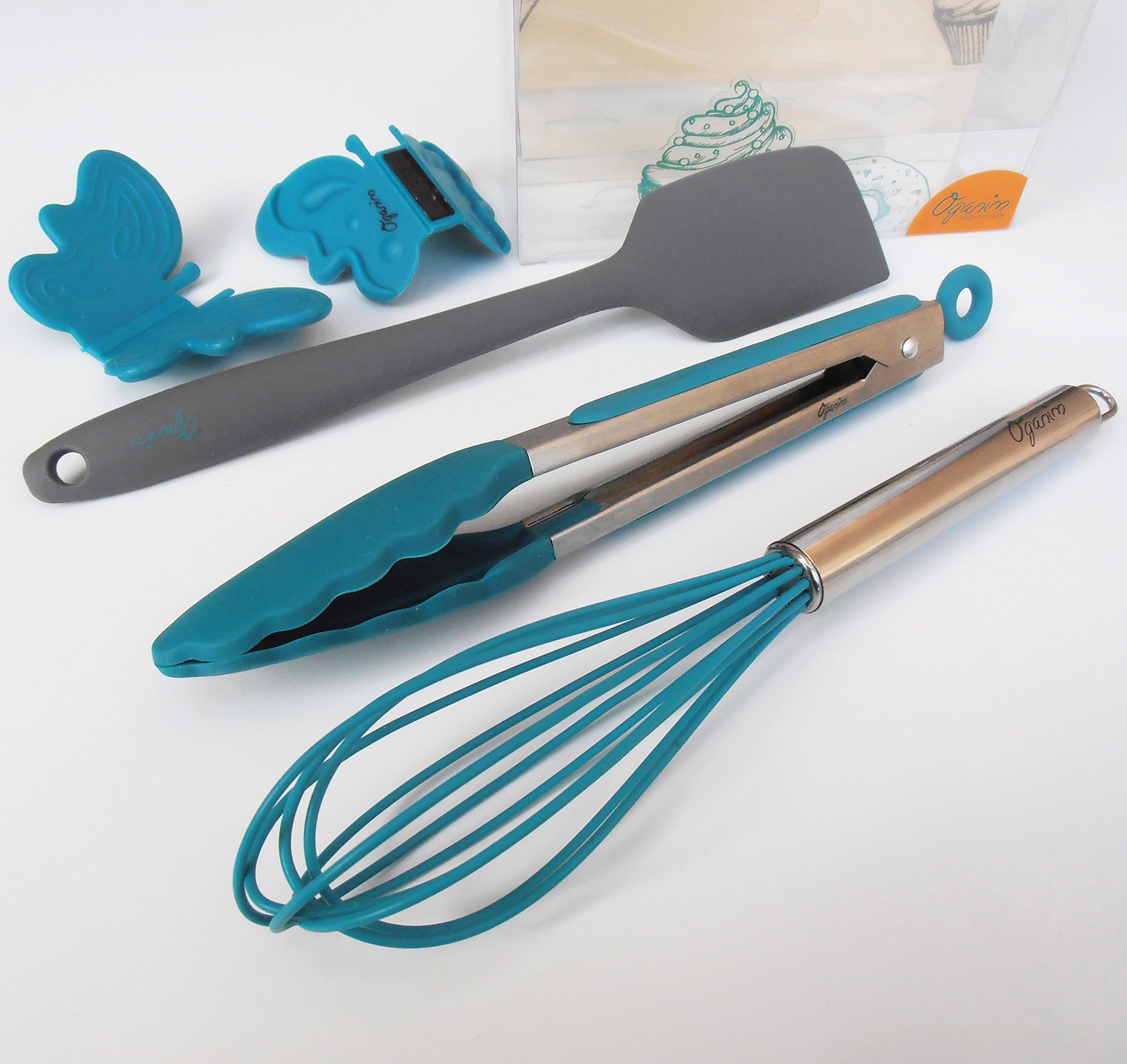 Oganim premium silicone Whisks, Tongs, Spatula, 2 butterfly pot holders, Bundle of 3 basic heat resistant, turquoise rubber, medium size kitchen tools