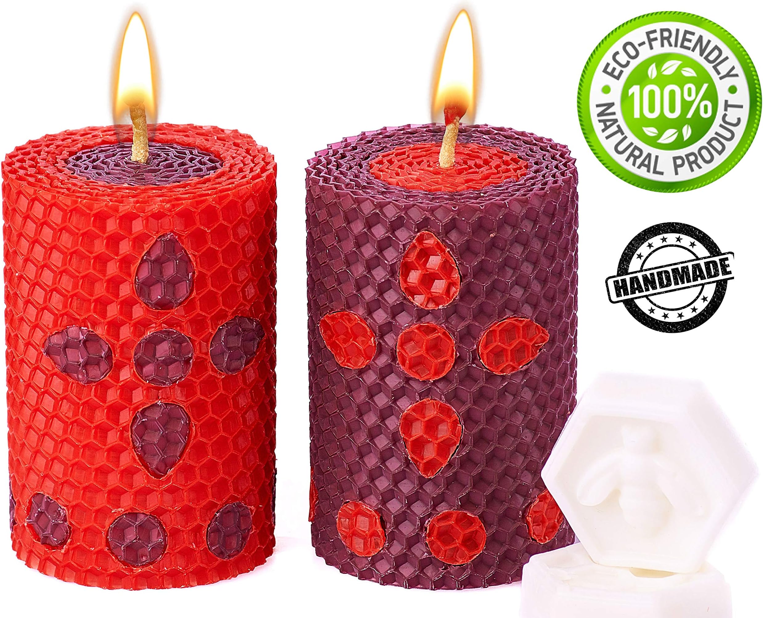 Beeswax Candles Red and Purple Set. 2 Colored Pillar Beeswax Candles with Honey Scent (Size 3.34×2.16 in) for Gift and Home Decor (Red and Purple)