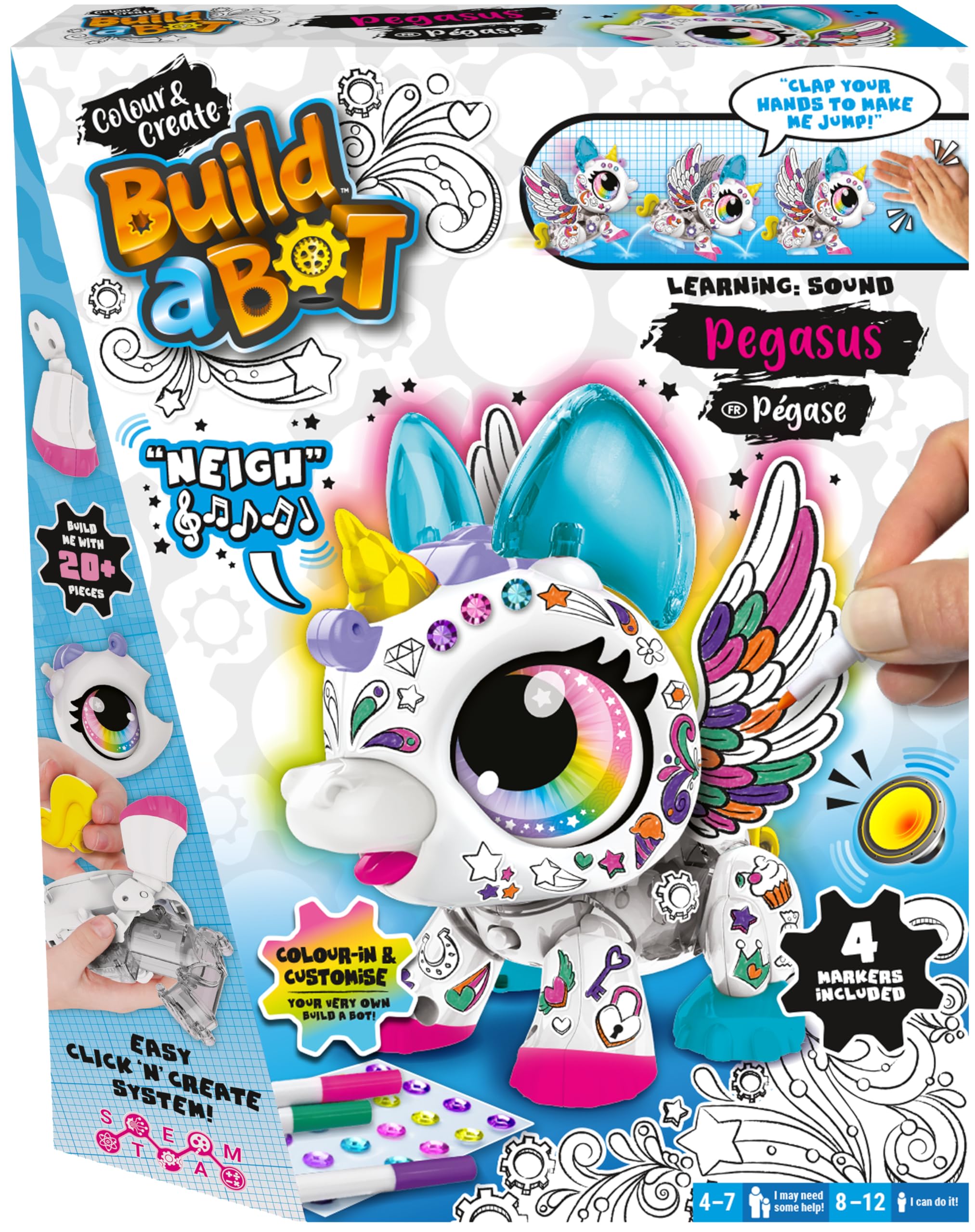 Goliath Build A Bot - Pegasus - Robot Animal Intéractif À Construire Et Personnaliser - Pour Enfants Dès 4 Ans - 20 Pièces À Assembler + Feutres, Stickers & Gemmes - Licorne Intéractive - Piles Non Incluses