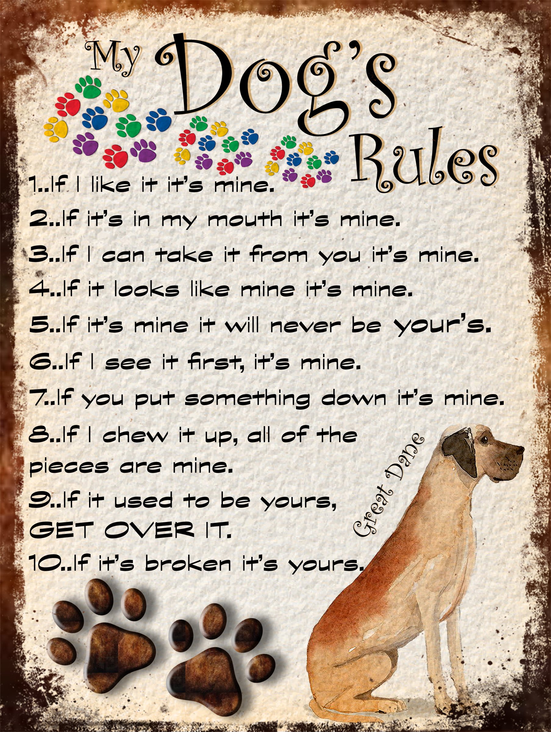 SHAWPRINT MY DOG'S RULES RETRO STYLE METAL TIN SIGN/PLAQUE DOG BREEDS 8" x 6" (GREAT DANE THEME)
