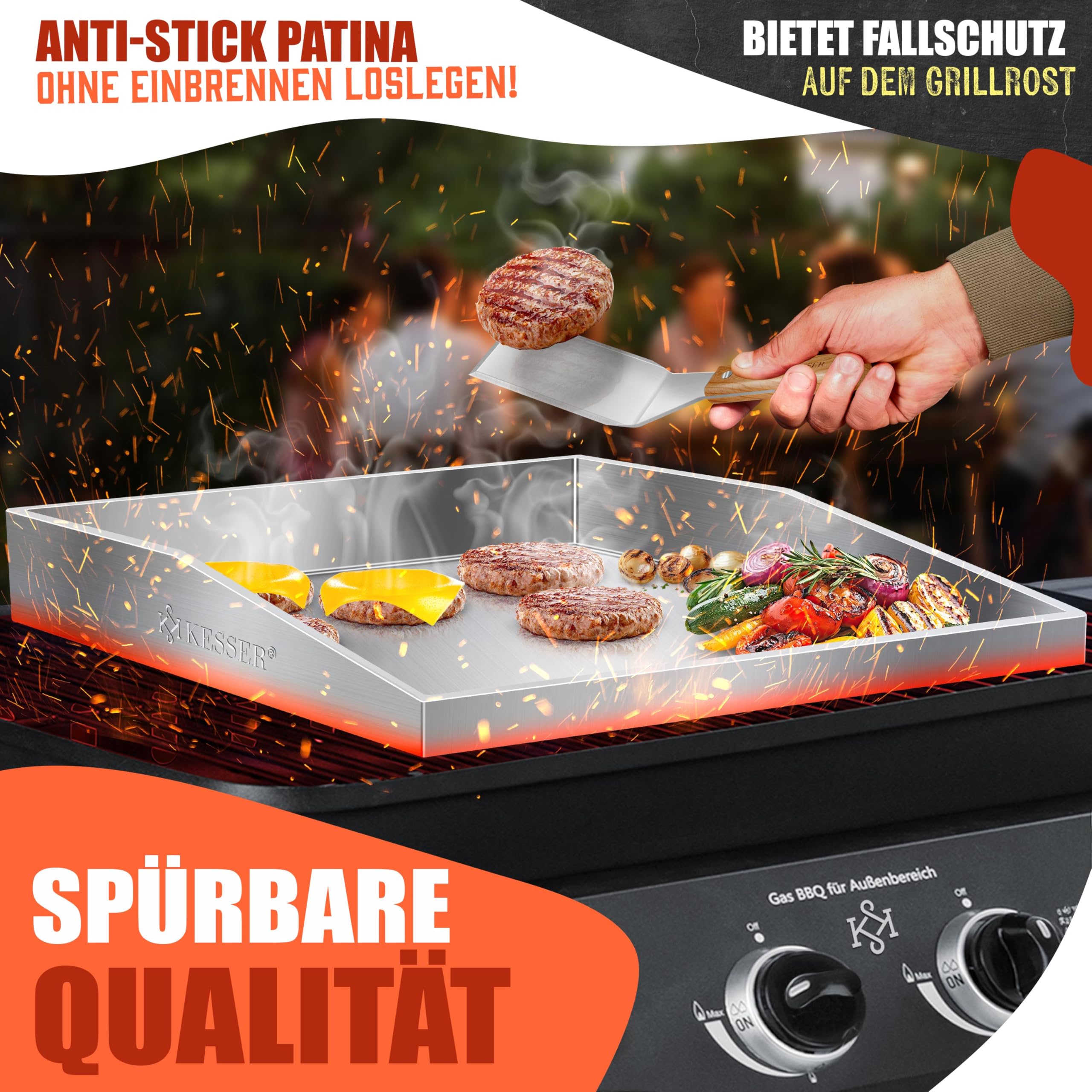 KESSER® Grillplatte Plancha aus Edelstahl 40x30cm rostfrei mit Fettablauf, hitzebeständig bis 800°C & Spülmaschinenfest für Gas & Holzkohlegrill inkl. 2 Spatel, Grillschürze, Grillmatte & Rezeptbuch 5