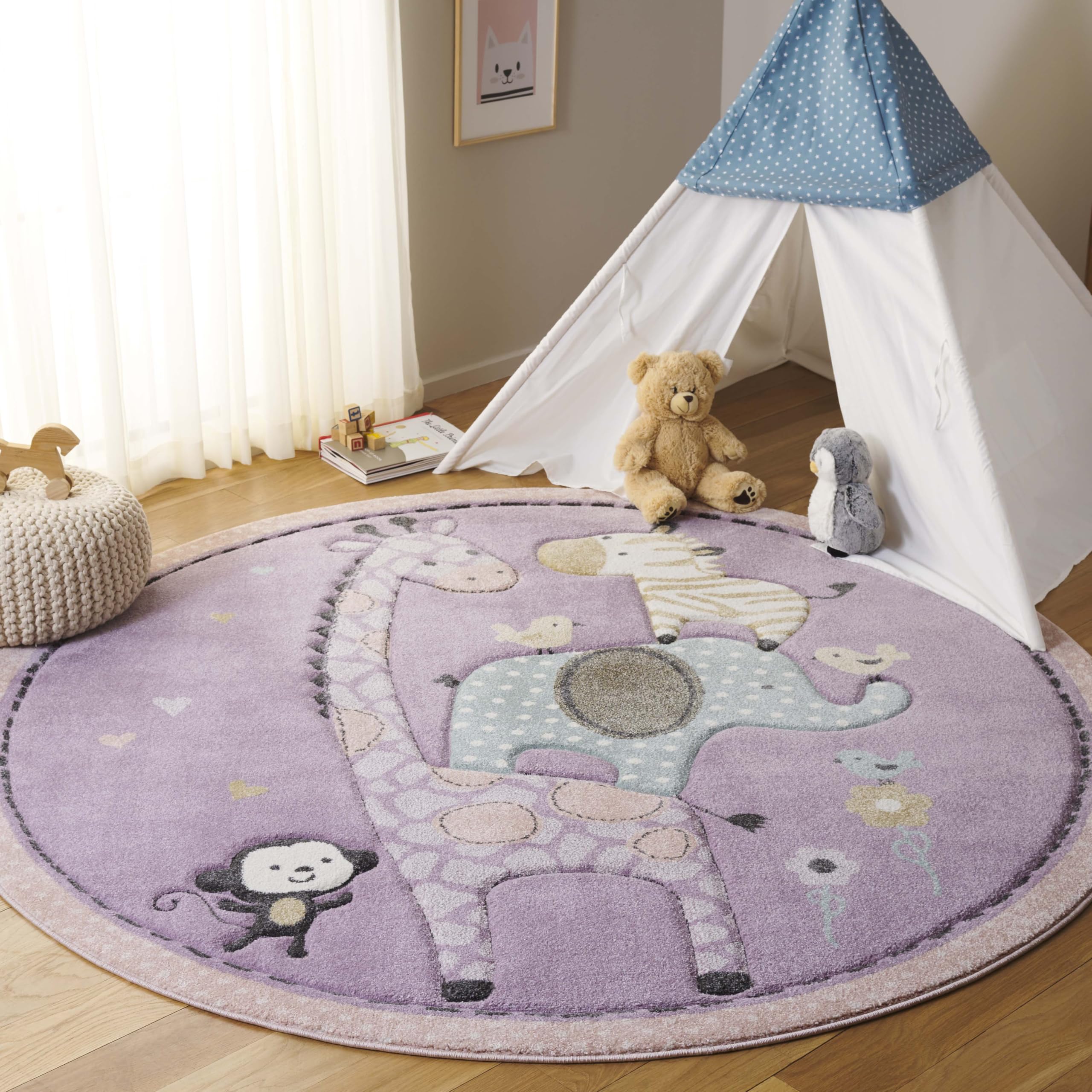 SAFAVIEH Carousel Kids Collection Area Rug - 6'7" Round, Purple, Animal Design, Easy Care & Non-Shedding, Ideal for High Traffic Areas for Boys & Girls in Playroom, Nursery (CRK120V-7R) Image