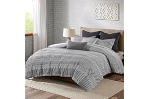 INK+IVY Luxurious Cotton-Bedding Set - Mid Century Trendy Geometric Design, All Season Cozy-Cover With Matching-Shams, Full/Queen, Rhea Jacquard Grey/Black