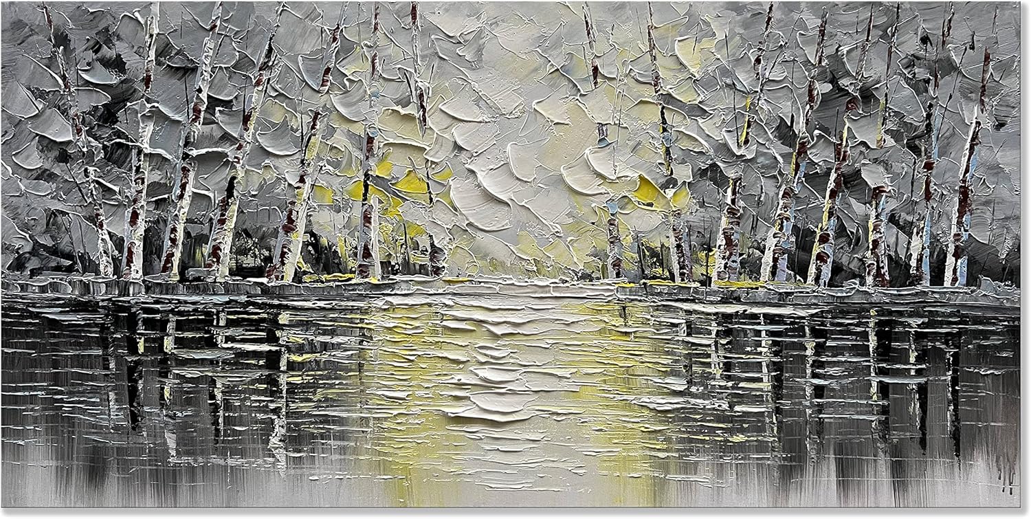 Paintings - Alenoss 3D Oil Painting on Canvas Wall Art Abstract Gray Forest Lake Reflection Artwork Large Modern Tree Paintings Landscape Picture for Wall Decor