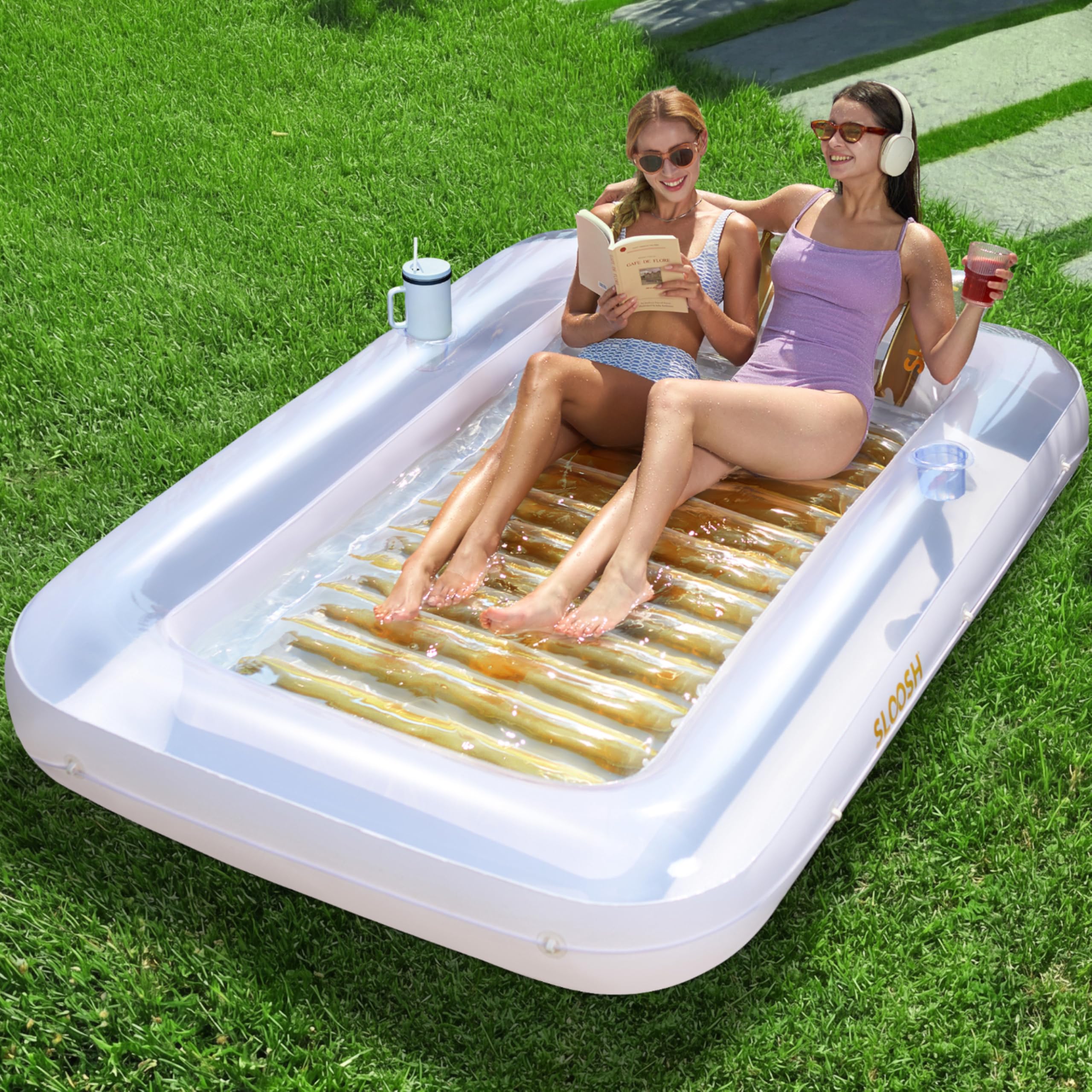 Sloosh 212x142cm Inflatable Tanning Pool Lounge Float, Sun Tan Tub Adult Pool Floats Raft for Pool Sunbathing Suntan Inflatable Pool Lounger Tanning Bed Floatie for Adults（XL-Golden White)