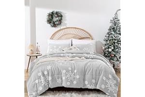 JANZAA Christmas Bedding Queen Comforter Set with White Snowflake Stereoscopic on Grey Comforter Soft Velvet Comforter Set