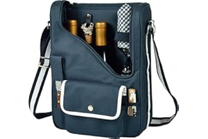 Picnic at Ascot - Wine Carrier Deluxe with Glass Wine Glasses and Accessories for Two, Navy/White