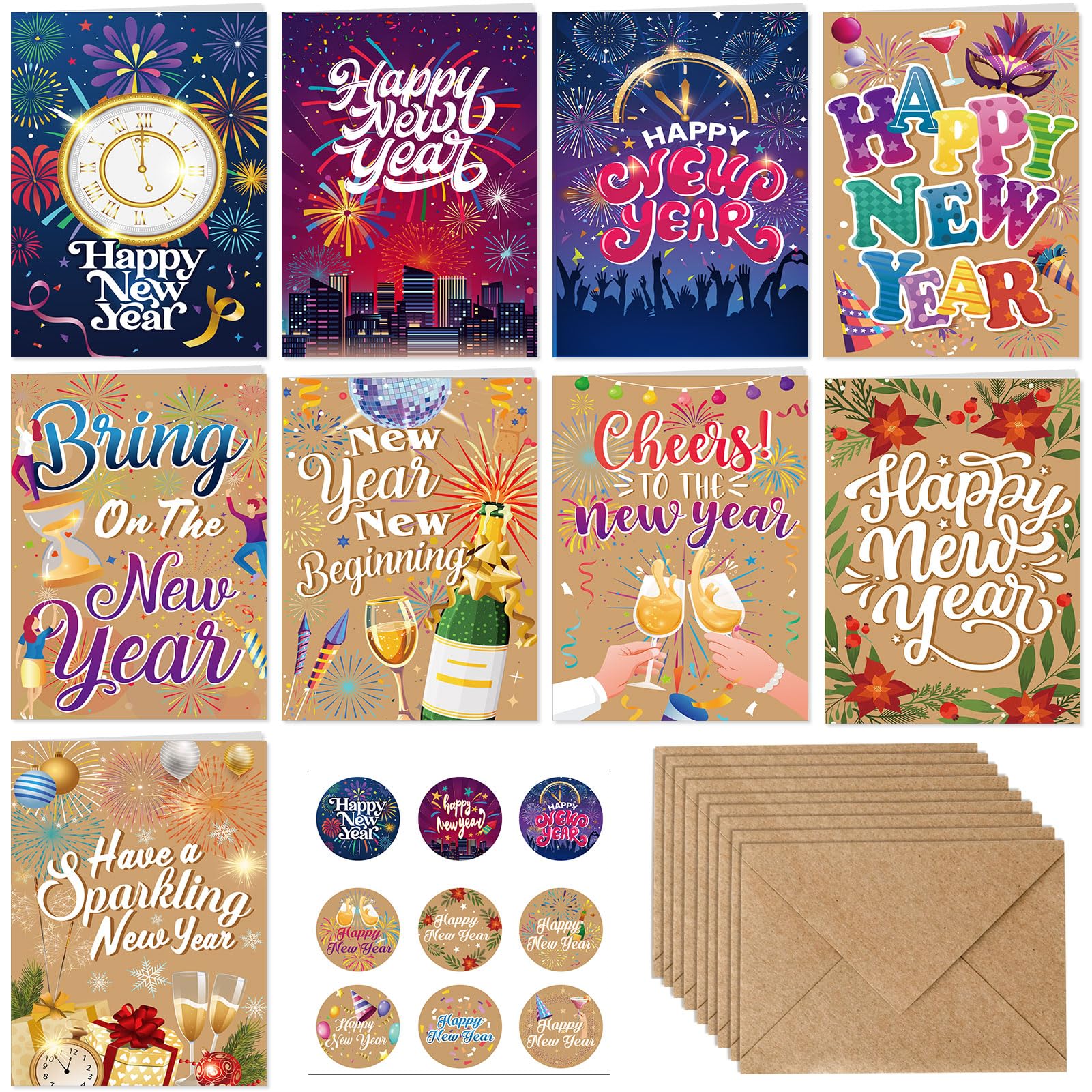 HOWAF 9 Pack Happy New Year Cards 2026 Greeting Cards with Envelopes Stickers, Winter Holiday Greetings Card Gifts Presents for NYE Party Decorations 2026, Mixed Pack