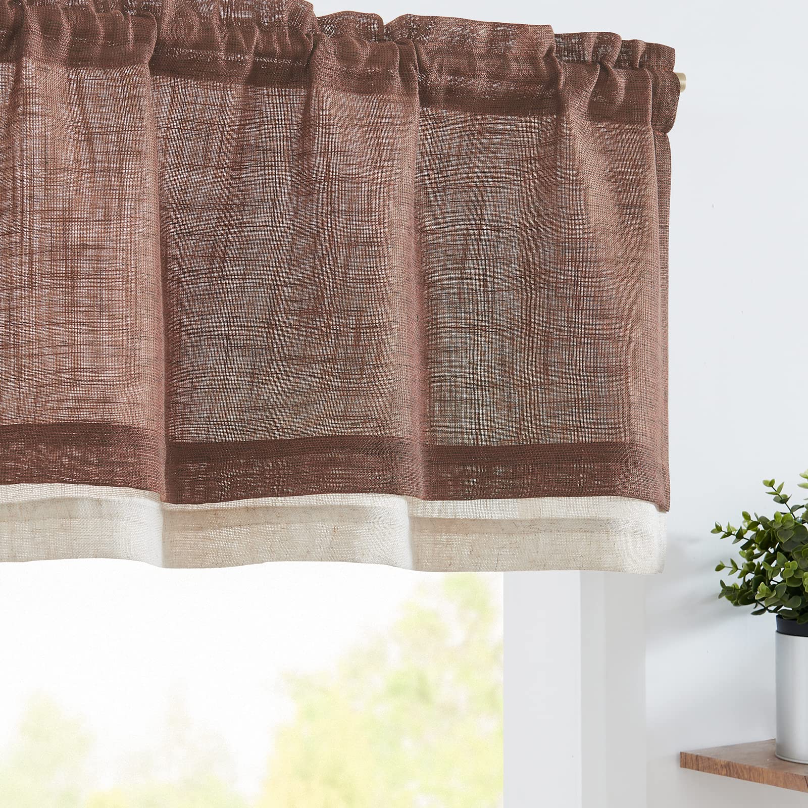jinchan Linen Farmhouse Valances for Living Room Windows 16 Inch Slubbed Crossed Double Layer Window Valances Light Filtering Rustic Country Overlay Rod Pocket 2 Panels Brown Image