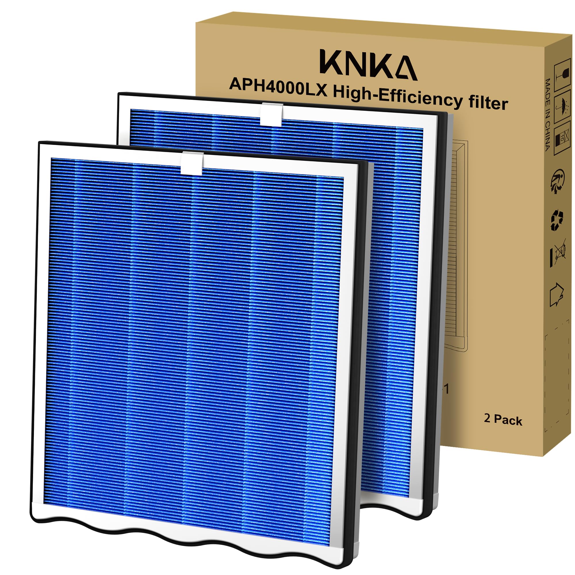 KNKA Genuine Air Purifier Replacement Filter for APH4000, 2-Pack HEPA & Activated Carbon Filters, Captures Pet Dander, Pet Odors, Allergens, Dust & Pollen, Pet Care Filter – Blue