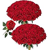 HyeFlora 50 PCS Red Roses Artificial Flowers, Fake Roses with Stems Realistic Silk Roses for DIY Wedding Bouquets Tables Centerpieces Arrangements Party Baby Shower Birthday Home Decor Gift for Her