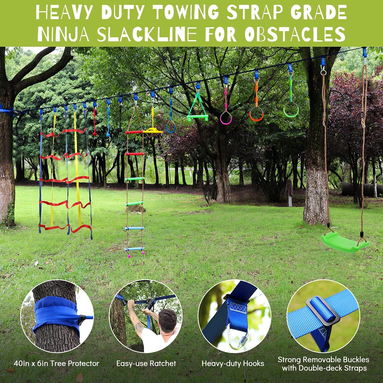 Rainbow Craft 50ft Ninja Warrior Obstacle Course for Kids - Ninja Slackline with 17 Removable Buckle Loops, Ninja Course Training Equipment, 12 Ninja Accessories, Ninja Course for Kids Outside: Toys & Games