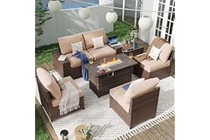 Aoxun 7 Pieces Patio Furniture Set with 44” Fire Pit Table Wicker Rattan Outdoor Sectional Conversation Set with Coffee Table and 4” Thickened Cushions, Beige (Waterproof Cover Included)