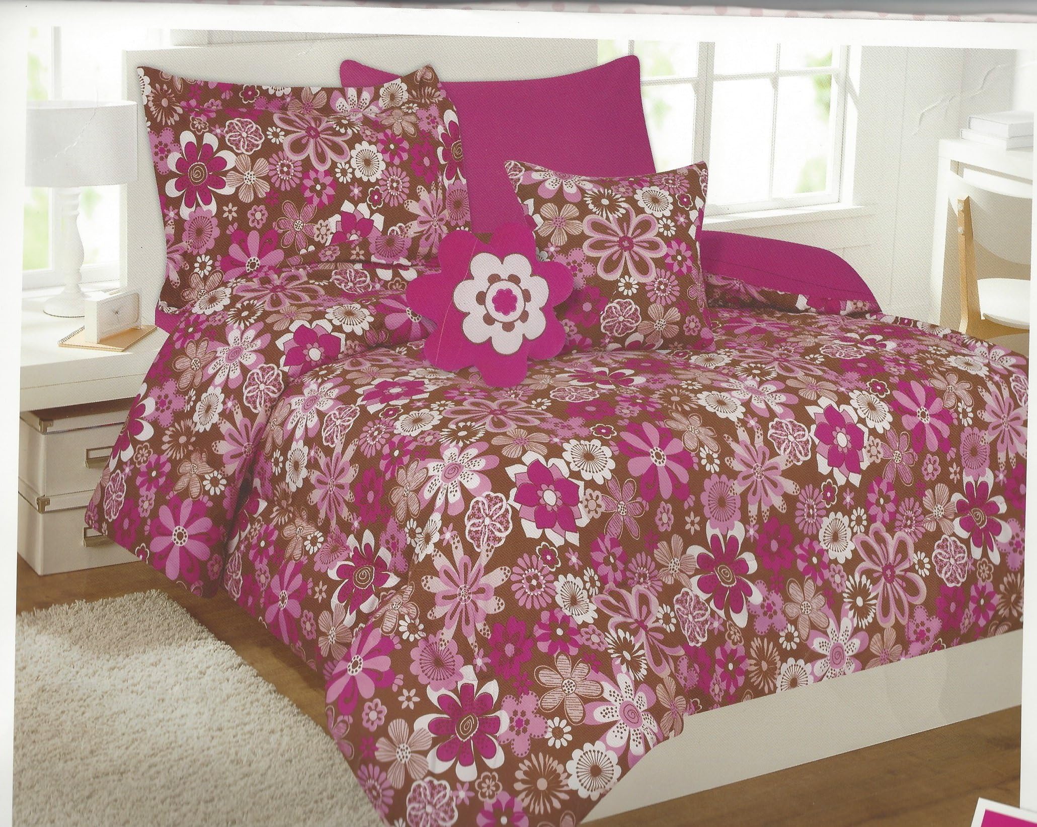 6 Piece Twin Size Chocolate Pink Flowers Comforter and Sheet Set Bed in a Bag with Bonus Decorative Pillow