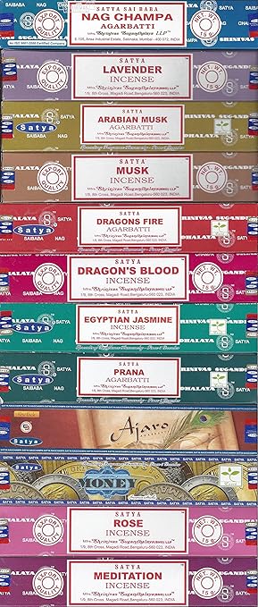 Set of 12 Nag Champa, Lavender, Arabian Musk, Egytian Jasmine, Musk, Dragon's Fire, Dragon's Blood, Prana, Ajaro, Money, Rose, Meditation by Satya