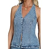 D-Sun Women Sleeveless Denim Vest Denim Halter Top Tie Backless Button Down Y2K Strapless Front Slit Sexy Jean Tank